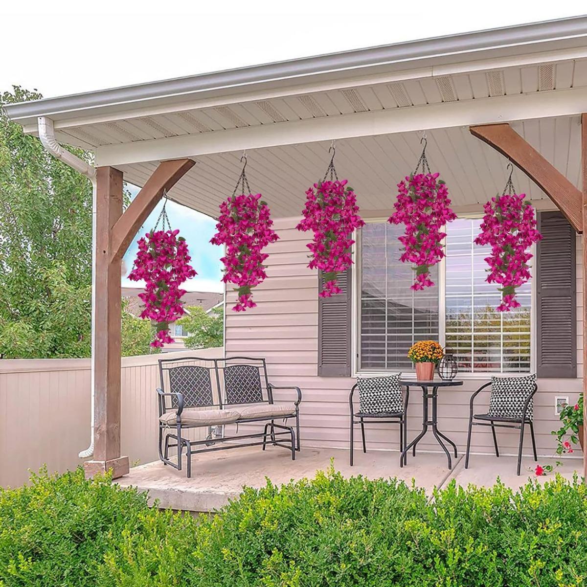 Artificial Bougainvillea Hanging Flowers 2pcs | UV Resistant Silk Vine for Garden Yard Porch Patio Wedding & Home Outdoor Decor in Pink Purple White Blue Orange