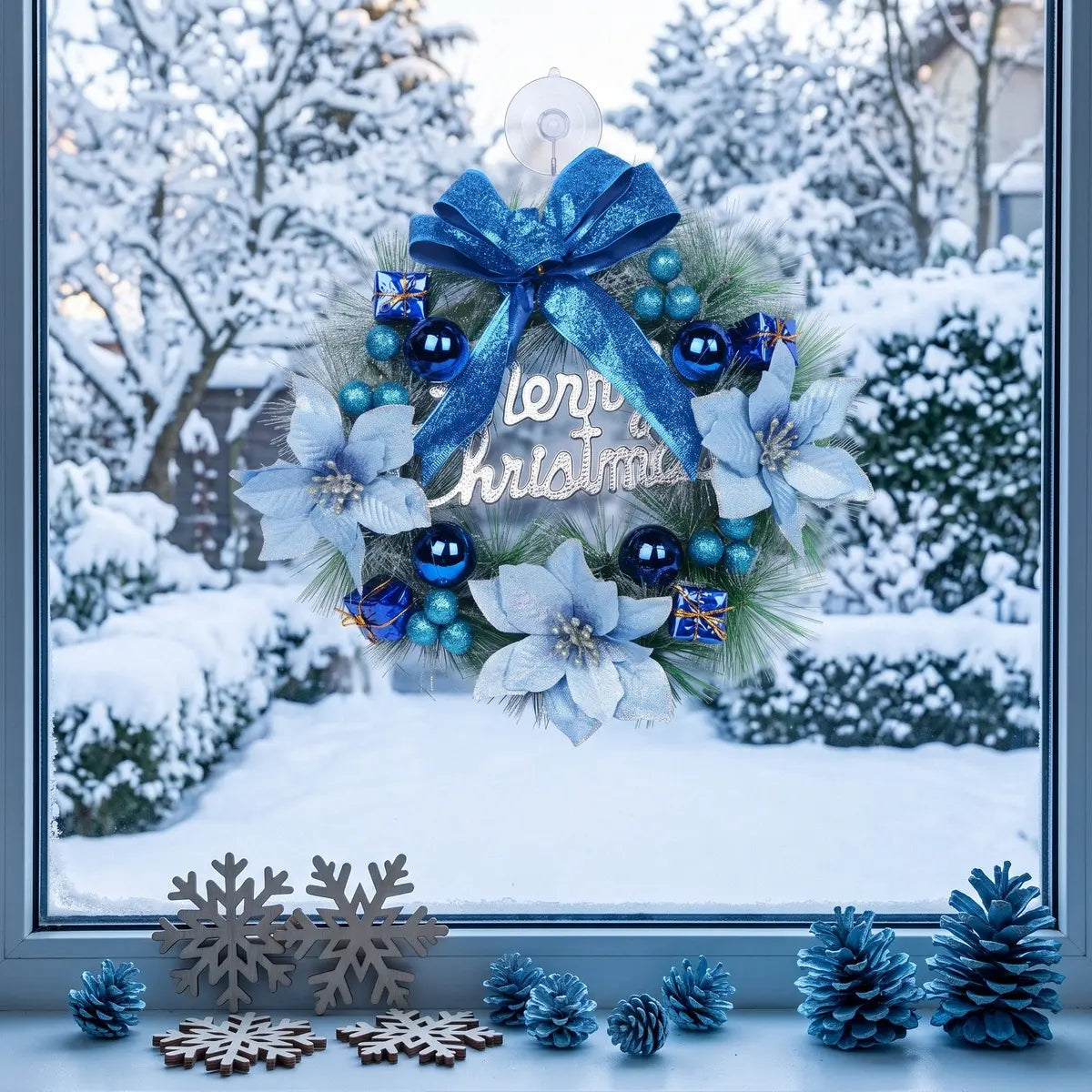 Artificial pine Christmas wreath with blue glitter bow, white poinsettias, blue ball ornaments and Merry Christmas sign, displayed on a snowy window