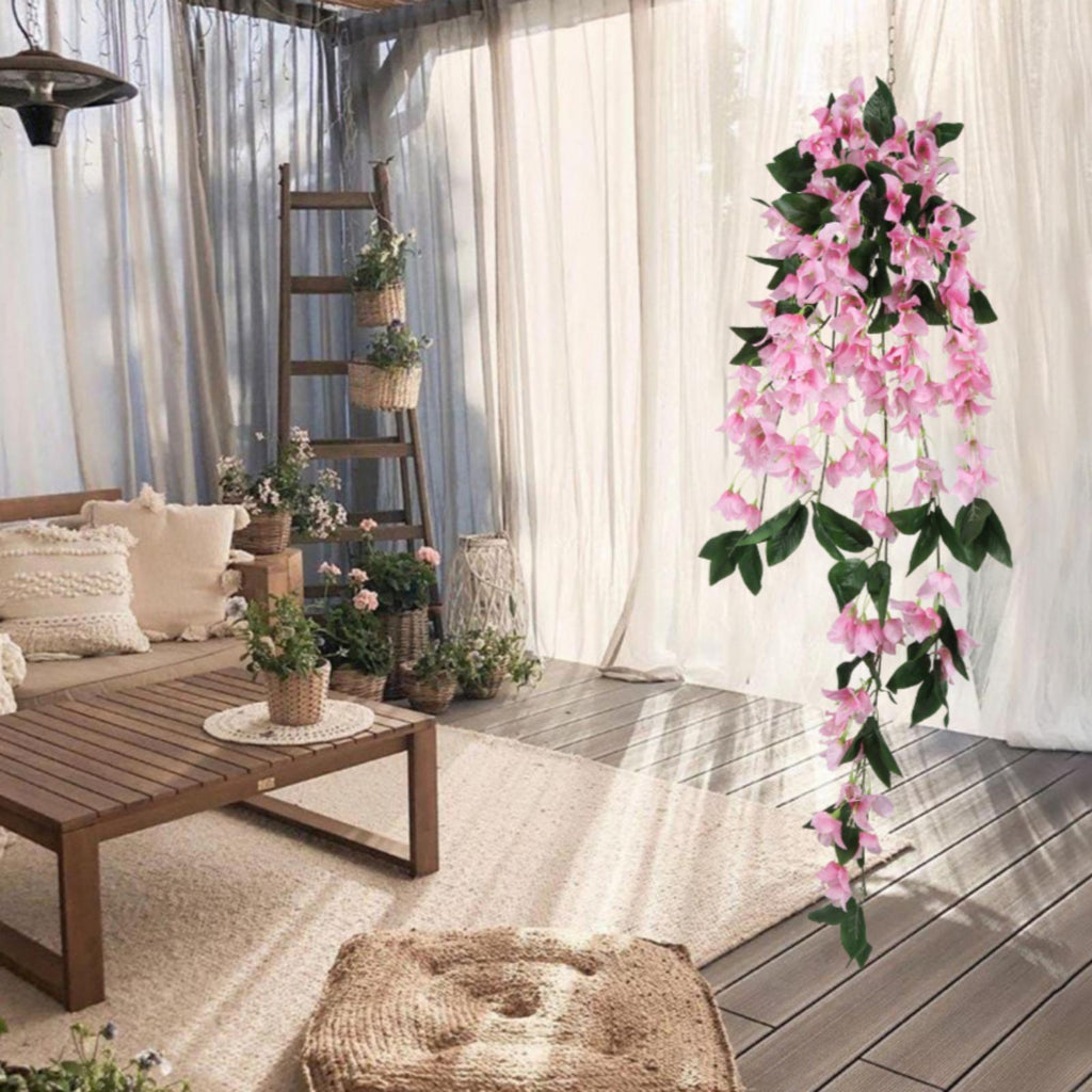 Artificial Bougainvillea Hanging Flowers 2pcs | UV Resistant Faux Garland for Outdoor Garden Porch Eave & Wedding Decor in Red Purple White Pink