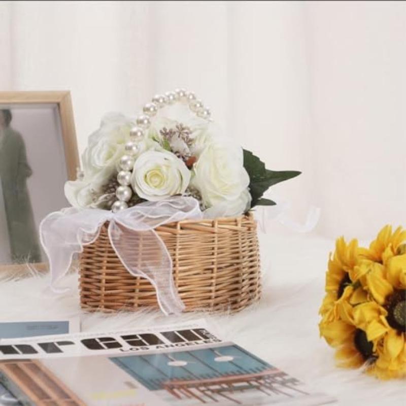 Wicker Wedding Flower Girl Basket with Pearl Handle & Ribbon Bow | Rustic Boho Handwoven Satin Ceremony & Picnic Basket