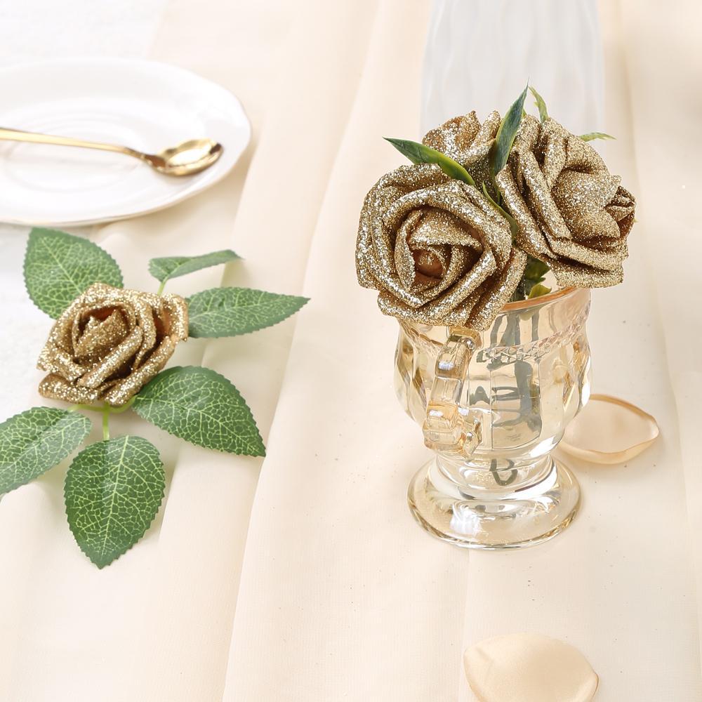 Glitter Artificial Roses with Stems 25pcs | Gold Rose Gold Red Pink Blue Wedding Bridal Bouquet & Party Decor in 16 Colors