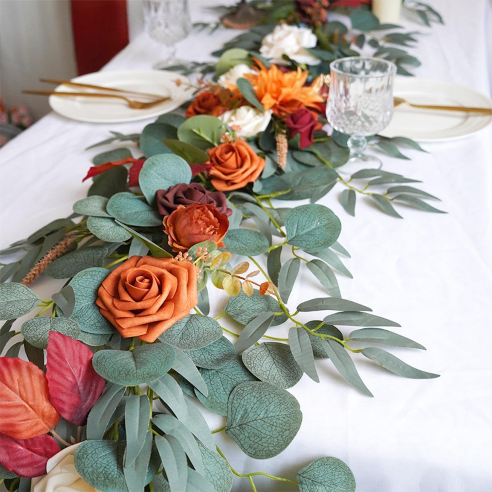 Artificial Eucalyptus Garland with Roses | Wedding Table Runner Backdrop Garden Party & Home Decor in Orange Wine Red Blue White Yellow