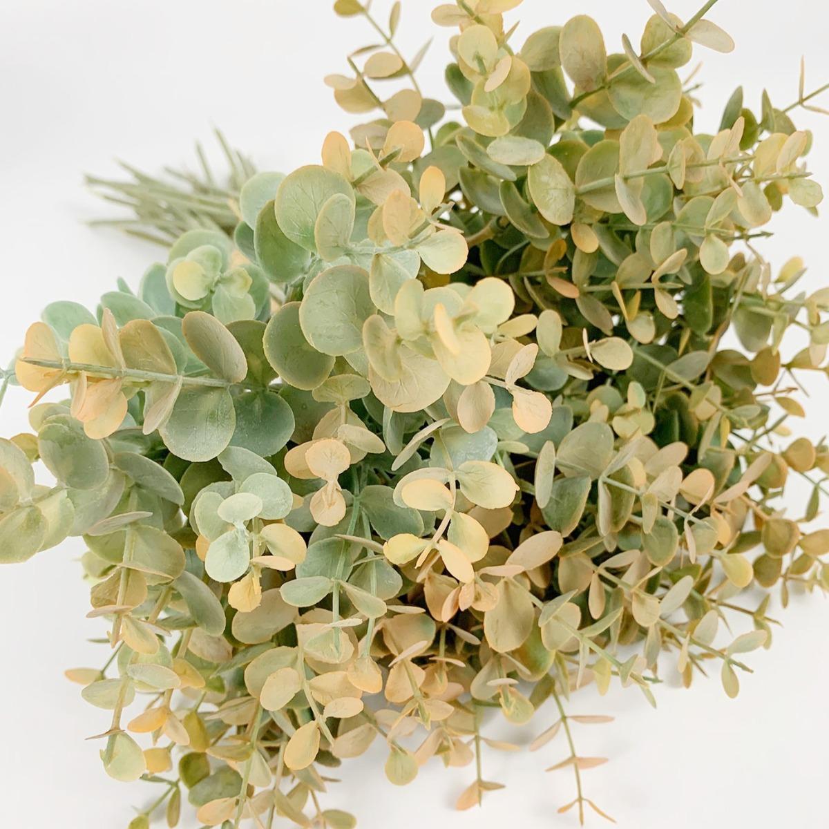 Artificial Eucalyptus Stems in Glass Vase with Faux Water 4pcs | Home Centerpiece & Office Decor in Green Purple Orange