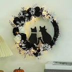Halloween Black Cat Moon Wreath with Rose Flowers | Front Door Wall Window & Party Decor in White Orange Purple