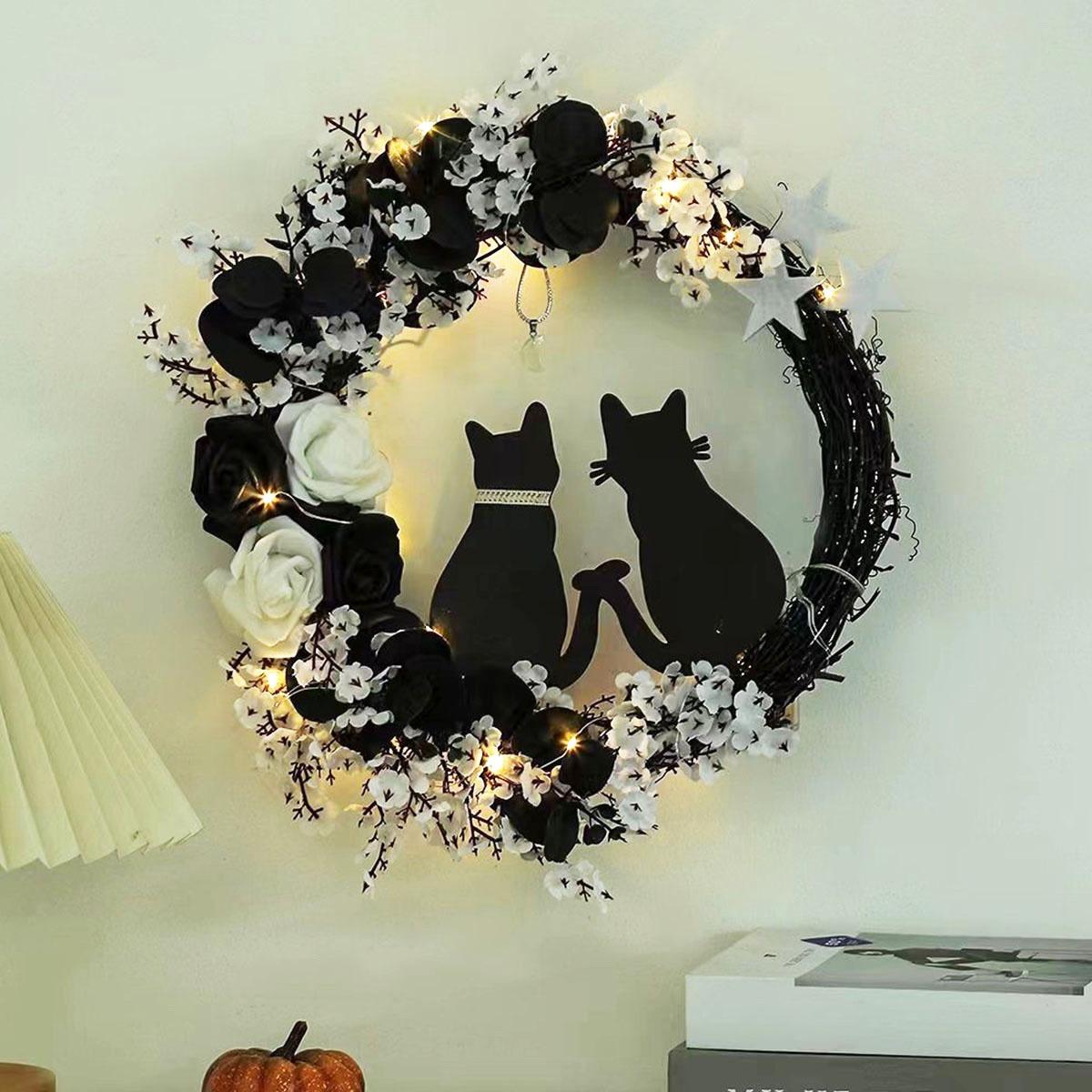 Halloween Black Cat Moon Wreath with Rose Flowers | Front Door Wall Window & Party Decor in White Orange Purple