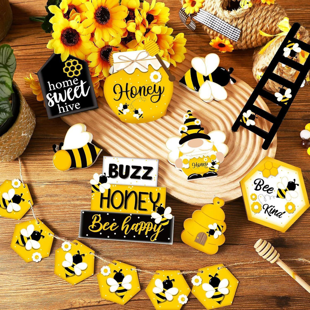 Summer Tiered Tray Decor Set | Honey Bee Gnome Wooden Signs & Yellow Truck for Farmhouse Kitchen Home Party