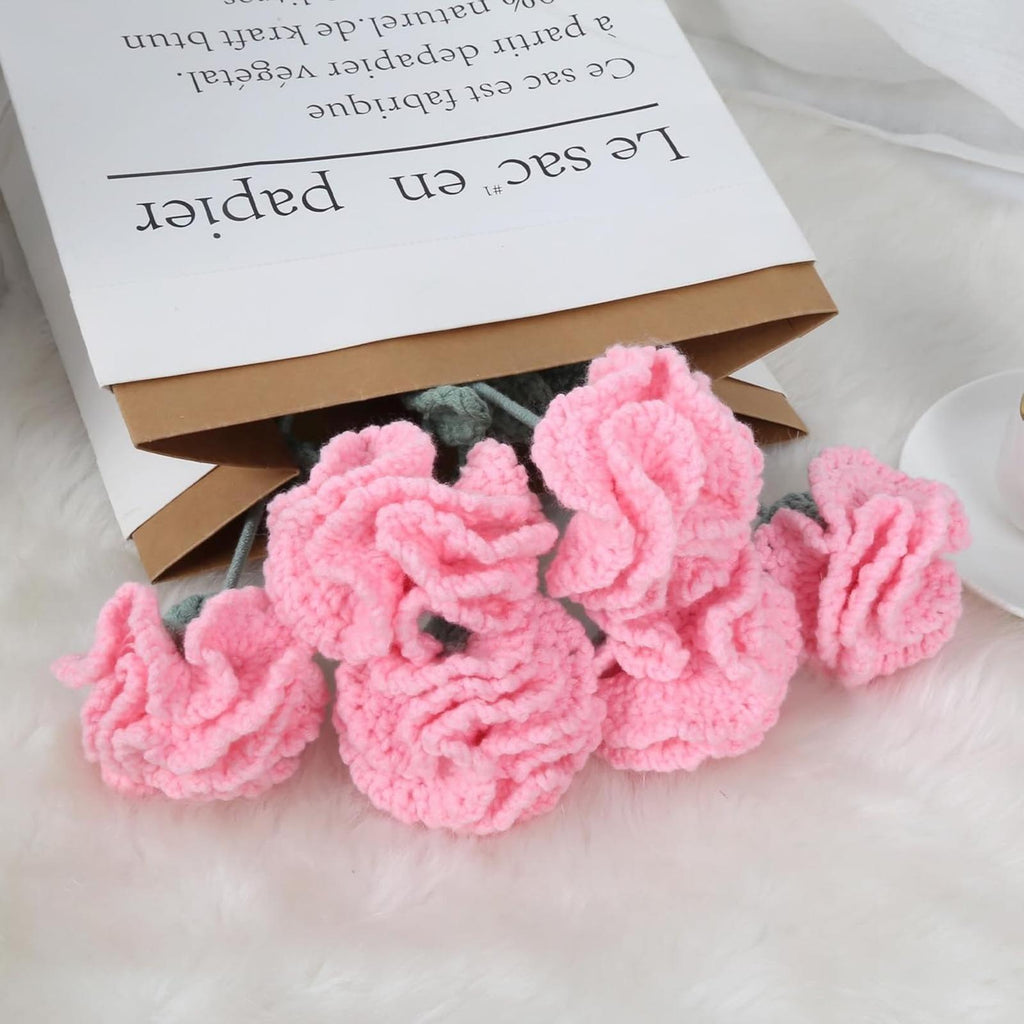 Handmade Crochet Carnation Flowers 6pcs 16.9 inch Bendable Stem | Vase Table Home Decor & Gift in Red Pink White Blue Peach Pink