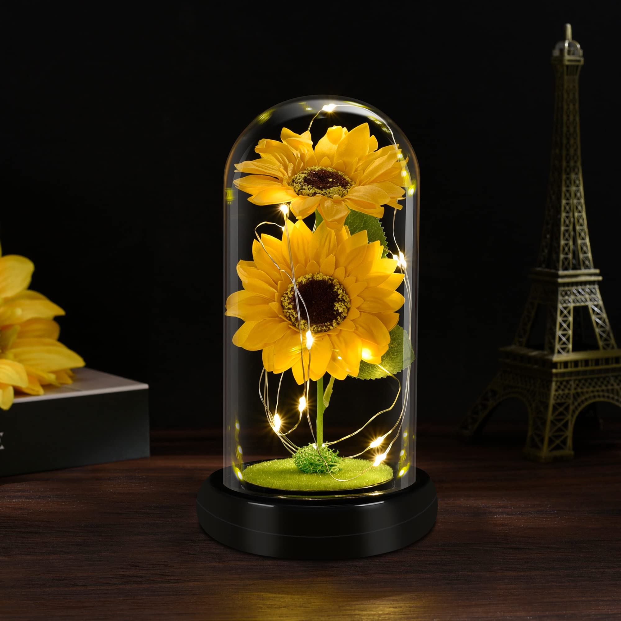 Sunflower Glass Dome Lamp with LED Lights | Eternal Sunflower Gift for Her Mother's Day Birthday Christmas