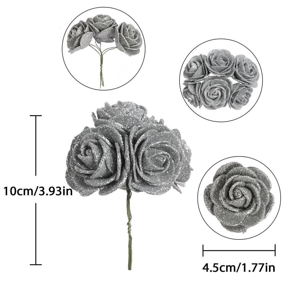 Glitter Artificial Roses 60pcs with Stems | Wedding Bouquet Cake Topper Party & Home Decor in Gold Grey Red