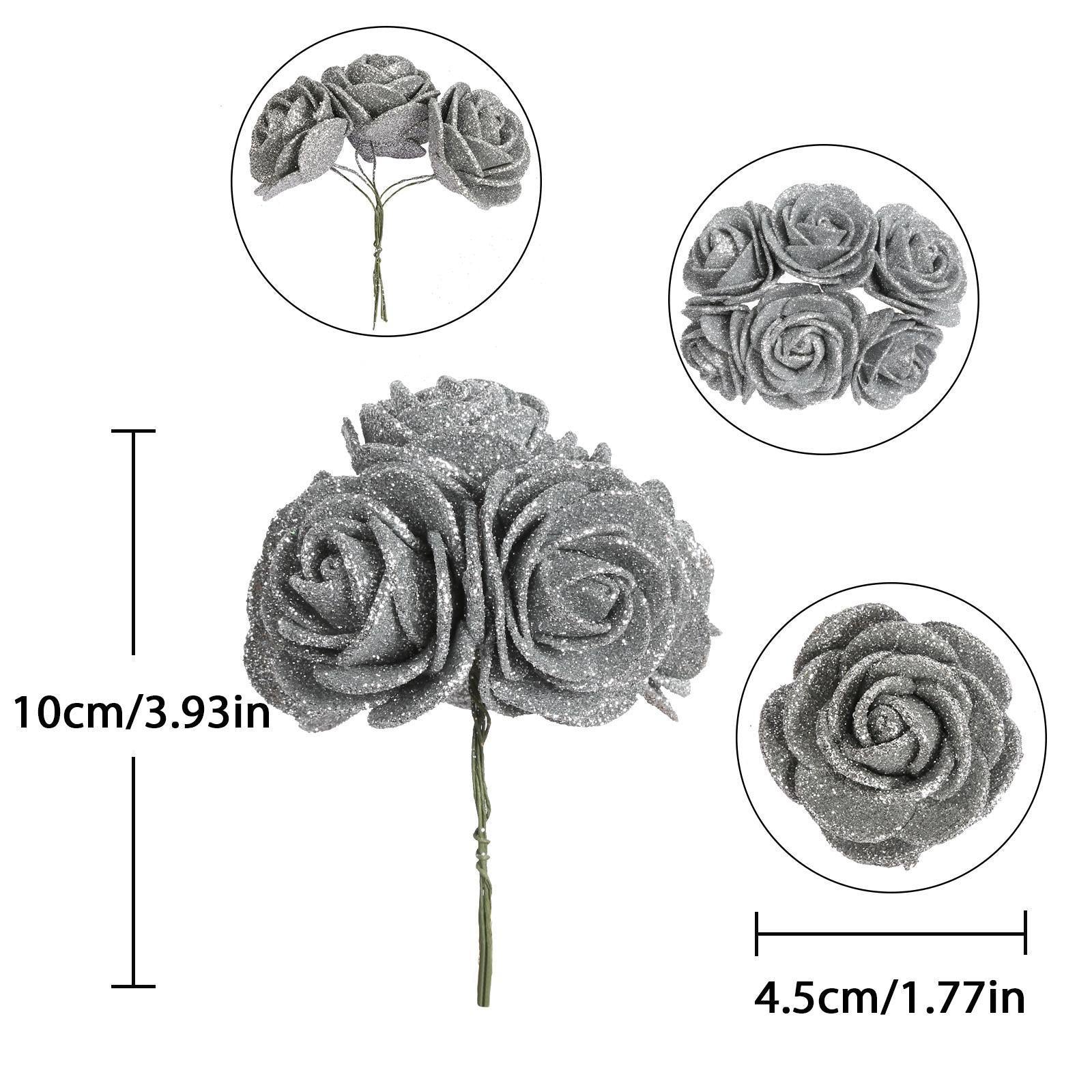 Glitter Artificial Roses 60pcs with Stems | Wedding Bouquet Cake Topper Party & Home Decor in Gold Grey Red