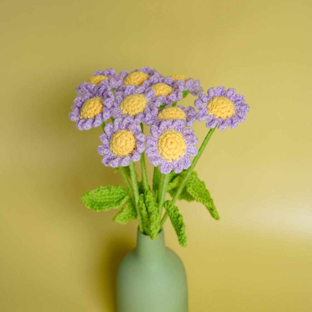 Handmade Crochet Sunflower Daisy Artificial Flowers 6pcs | Flocked Daisy Bouquet for Wedding Bedroom Centerpiece & DIY Decor in Pink White Purple Blue