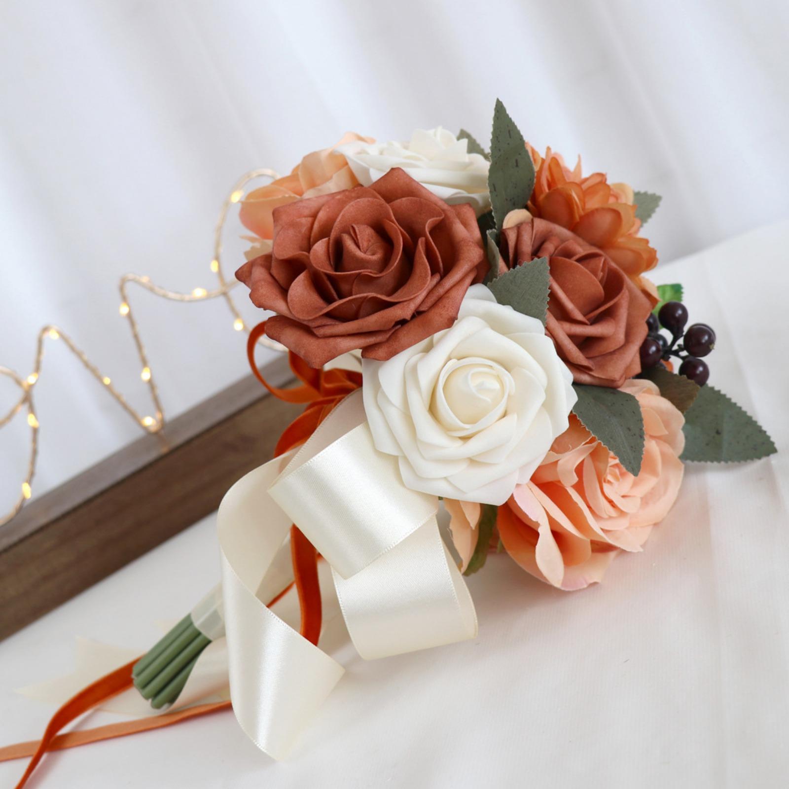 Artificial Rose Bridal Tossing Bouquet | Bride Bridesmaid Wedding Ceremony & Prom in Orange Pink Wine Red Blue