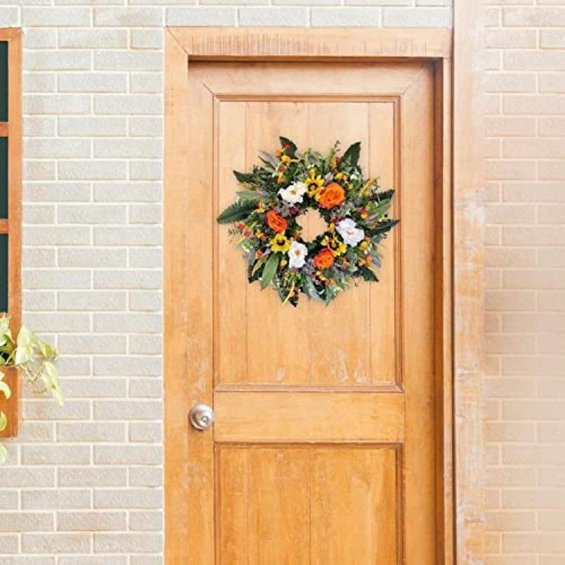 Colorful Artificial Floral Wreath with Sunflower and Green Leaves | Front Door Wall Spring Summer Party & Graduation Decor