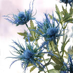 Artificial eryngium thistle flower stems close-up – realistic faux blue thistle