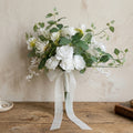 White artificial bridal bouquet with greenery for rustic farmhouse wedding ceremony bride and bridesmaid