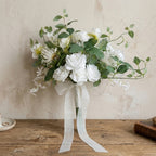White artificial bridal bouquet with greenery for rustic farmhouse wedding ceremony bride and bridesmaid