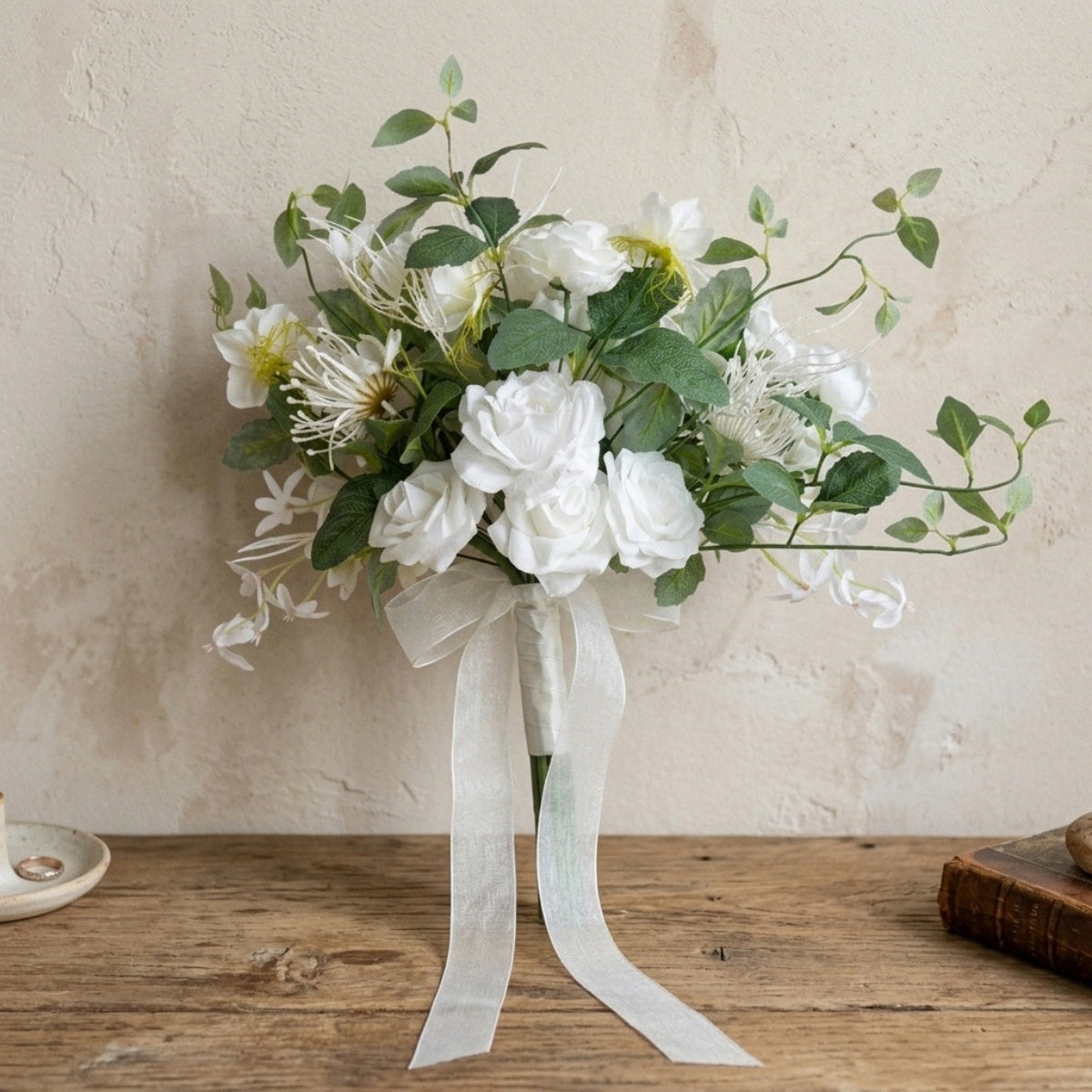 White artificial bridal bouquet with greenery for rustic farmhouse wedding ceremony bride and bridesmaid
