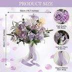 Artificial Purple Rose & Peony Bouquet | Wedding Bridal Flower Arrangement with Chiffon Ribbon for Ceremony Bridal Shower & Home Decor