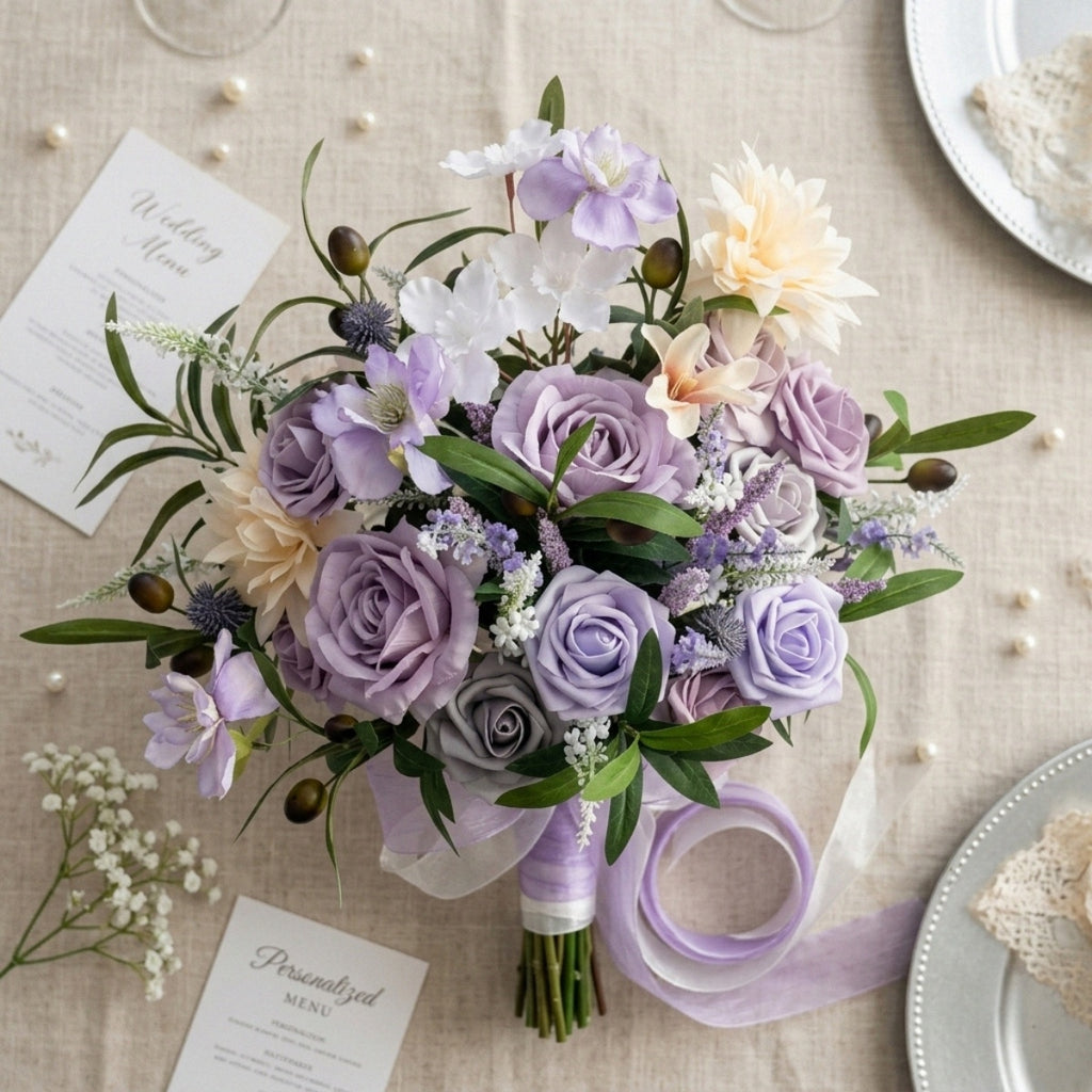 Artificial Purple Rose & Peony Bouquet | Wedding Bridal Flower Arrangement with Chiffon Ribbon for Ceremony Bridal Shower & Home Decor