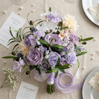 Artificial Purple Rose & Peony Bouquet | Wedding Bridal Flower Arrangement with Chiffon Ribbon for Ceremony Bridal Shower & Home Decor