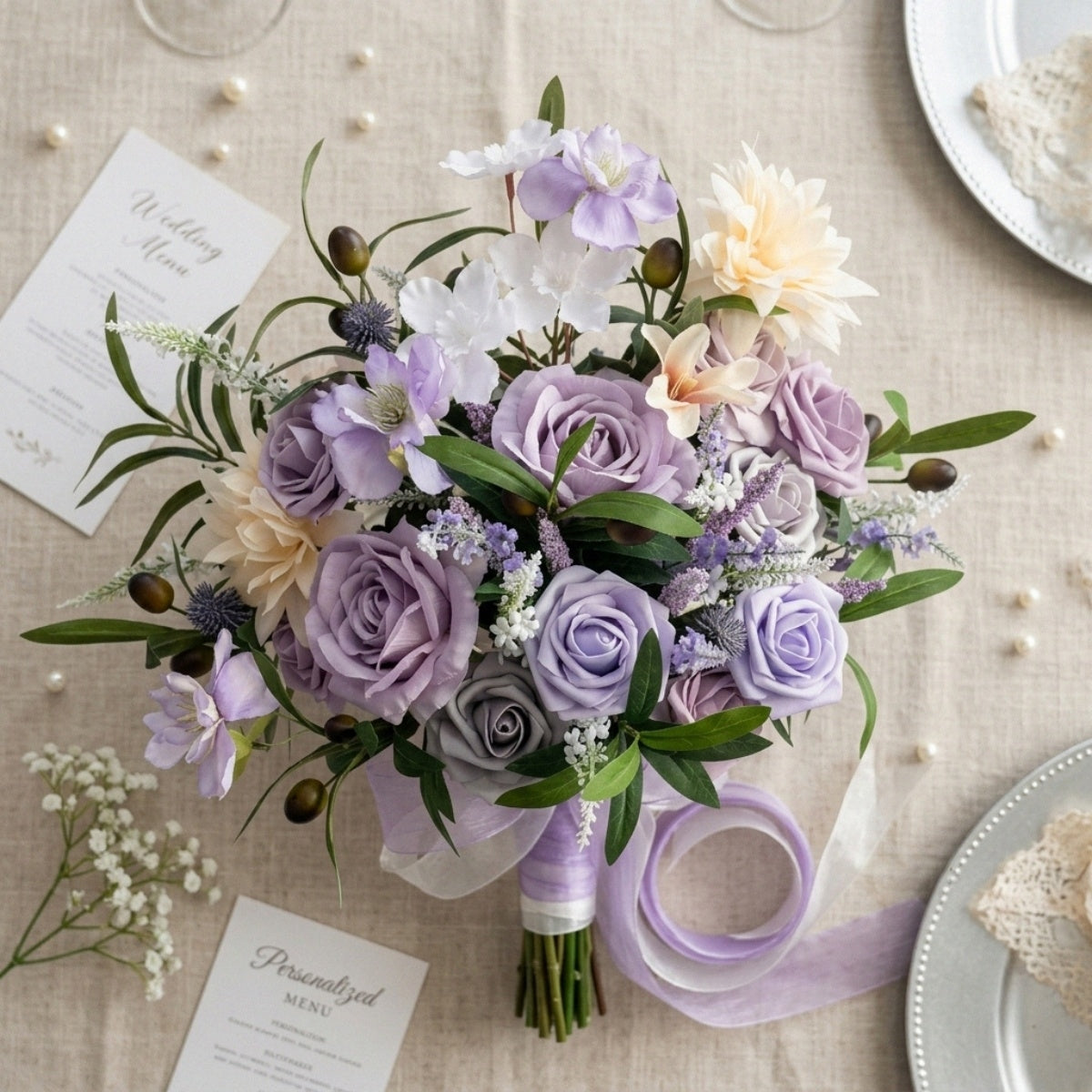 Artificial Purple Rose & Peony Bouquet | Wedding Bridal Flower Arrangement with Chiffon Ribbon for Ceremony Bridal Shower & Home Decor