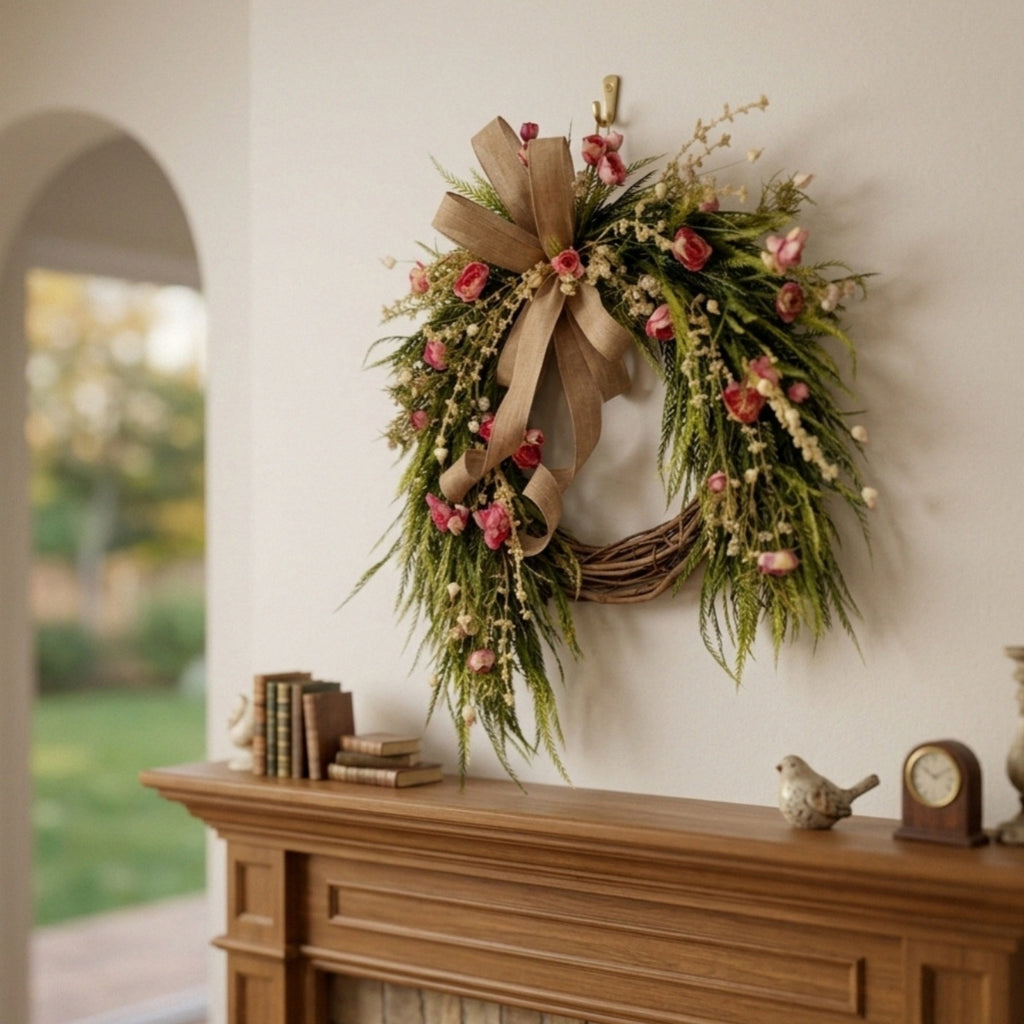 Flower Wreath with Burlap Bow, Artificial Spring and Summer for Front Door Wreath Pink Peony Wreath Garden Party Home Wall Wedding Decor