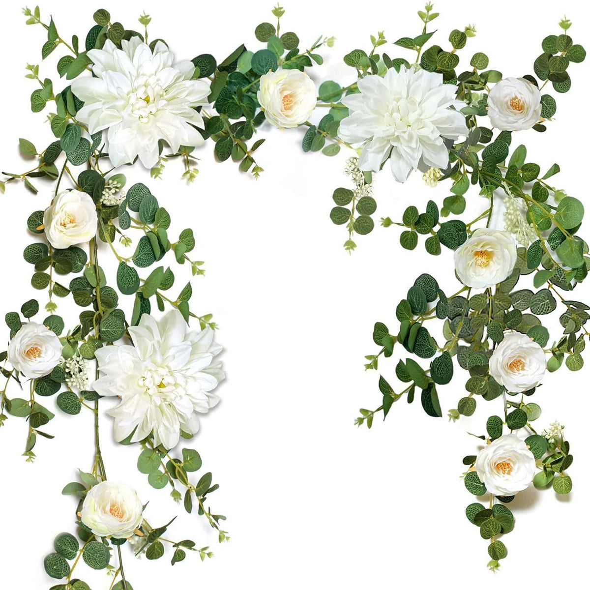 Artificial flower garland with white dahlia rose and eucalyptus leaves for wedding arch backdrop and home wall hanging decor