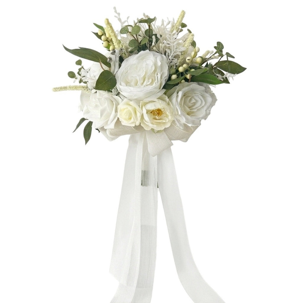 Artificial white rose bouquet with green leaves and chiffon ribbon for wedding bridal flower arrangement and home table decor