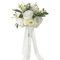 Artificial white rose bouquet with green leaves and chiffon ribbon for wedding bridal flower arrangement and home table decor