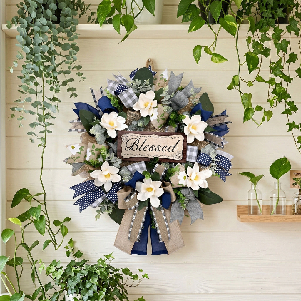 Farmhouse Blessed Wreath for Front Door | Wooden Sign Navy Blue Burlap Ribbon & White Flower Wreath for Home Wall Porch & Entryway Decor