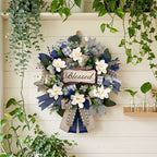 Farmhouse Blessed Wreath for Front Door | Wooden Sign Navy Blue Burlap Ribbon & White Flower Wreath for Home Wall Porch & Entryway Decor