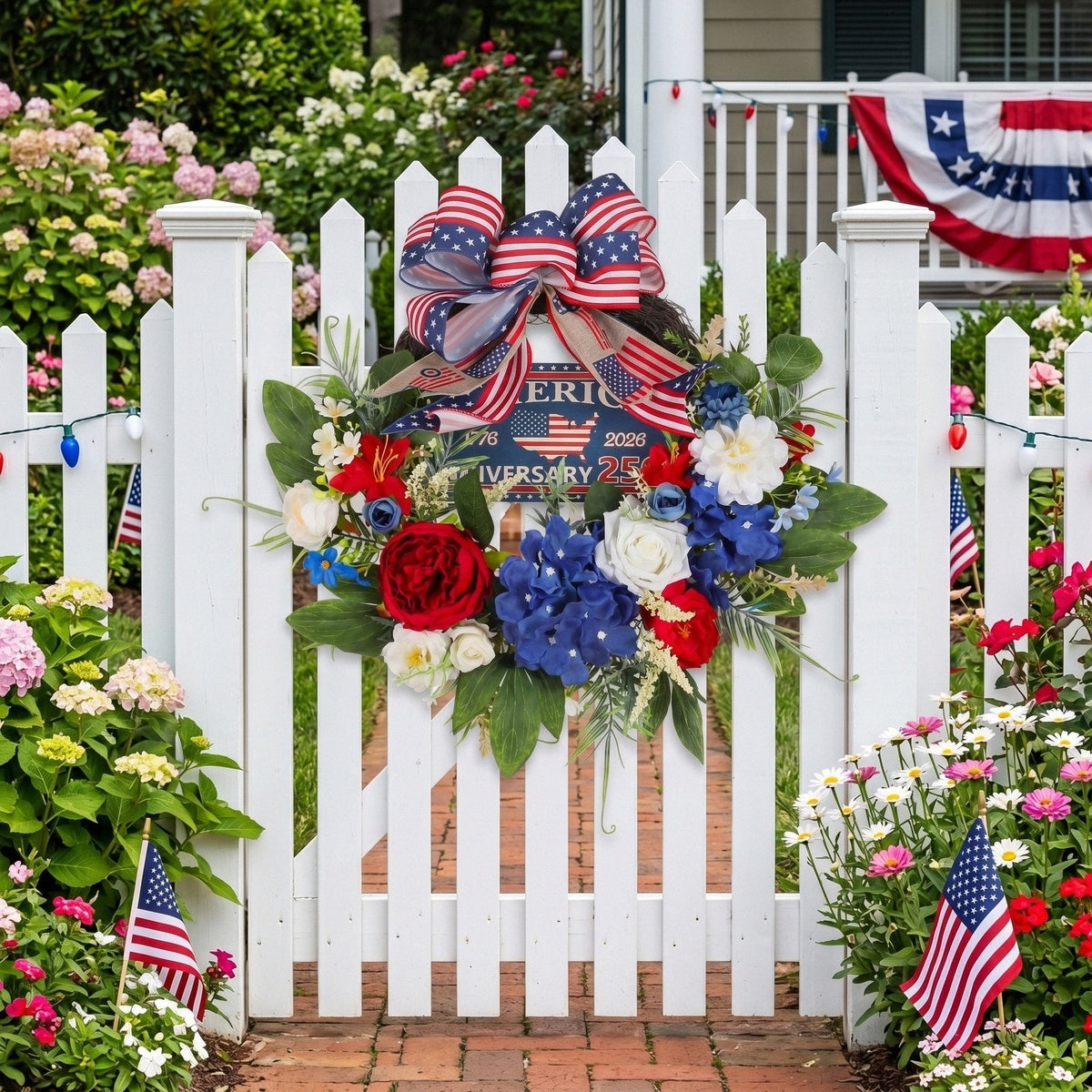 250th Anniversary Patriotic Wreath USA 1776-2026 | Red White Blue Rose & Flag Bow Front Door Decor for 4th of July Memorial Day Home Porch Wall Art