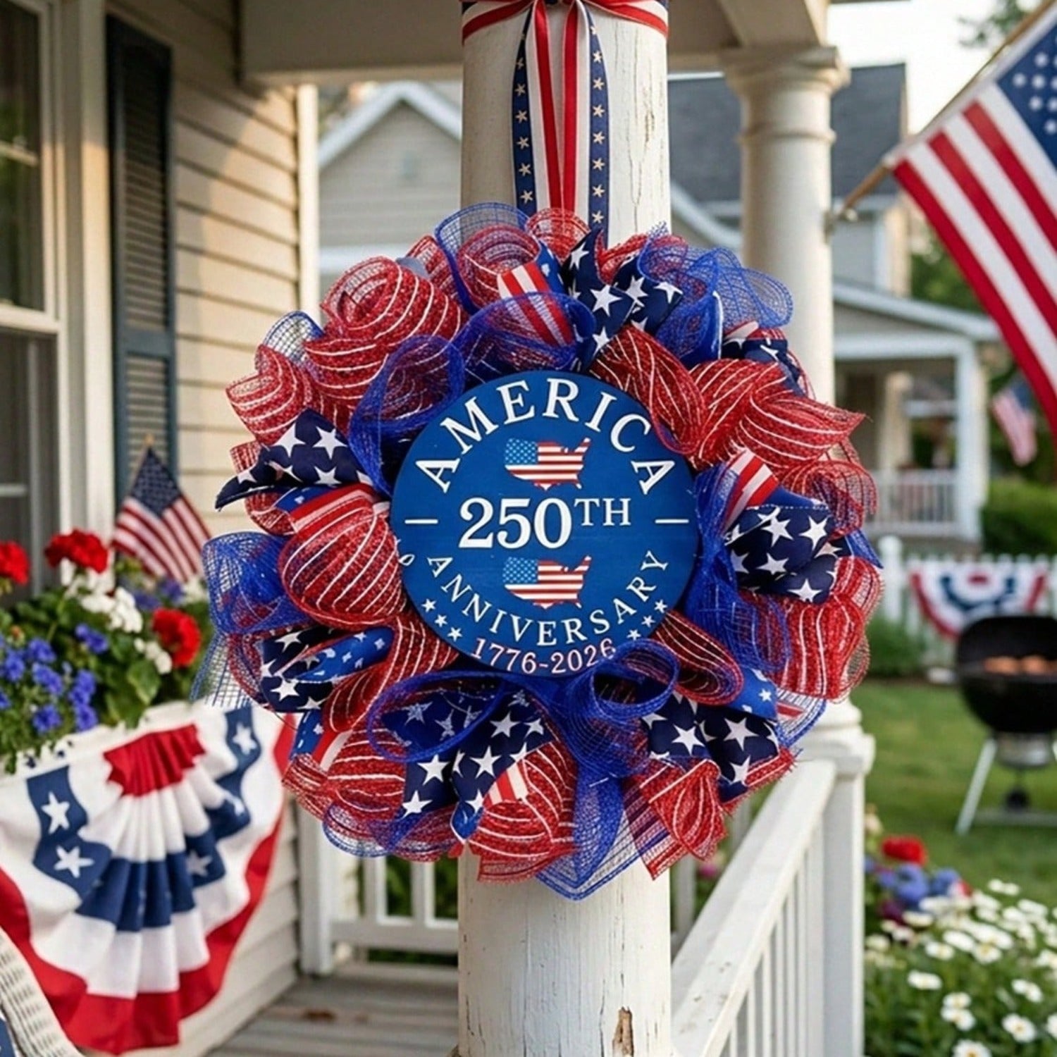 16" Patriotic Wreath for Front Door | 250th 4th of July Summer Outdoor Independence Day Decor