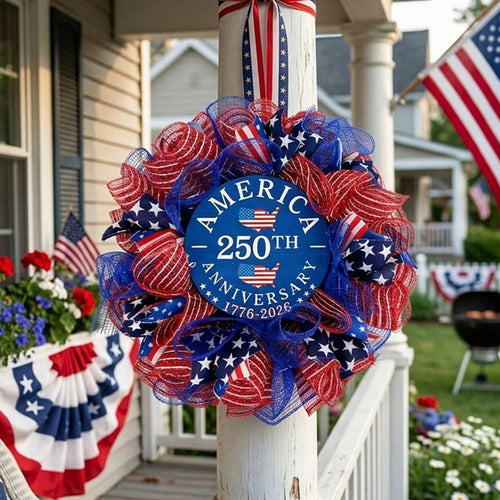 Patriotic wreath hanging on front door – outdoor summer Independence Day decoration
