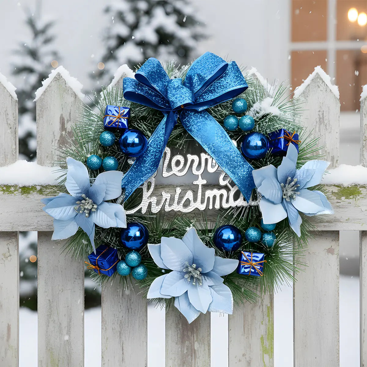 Christmas pine wreath with blue glitter bow, light blue poinsettias, navy ball ornaments and Merry Christmas sign, displayed on a white picket fence in snow
