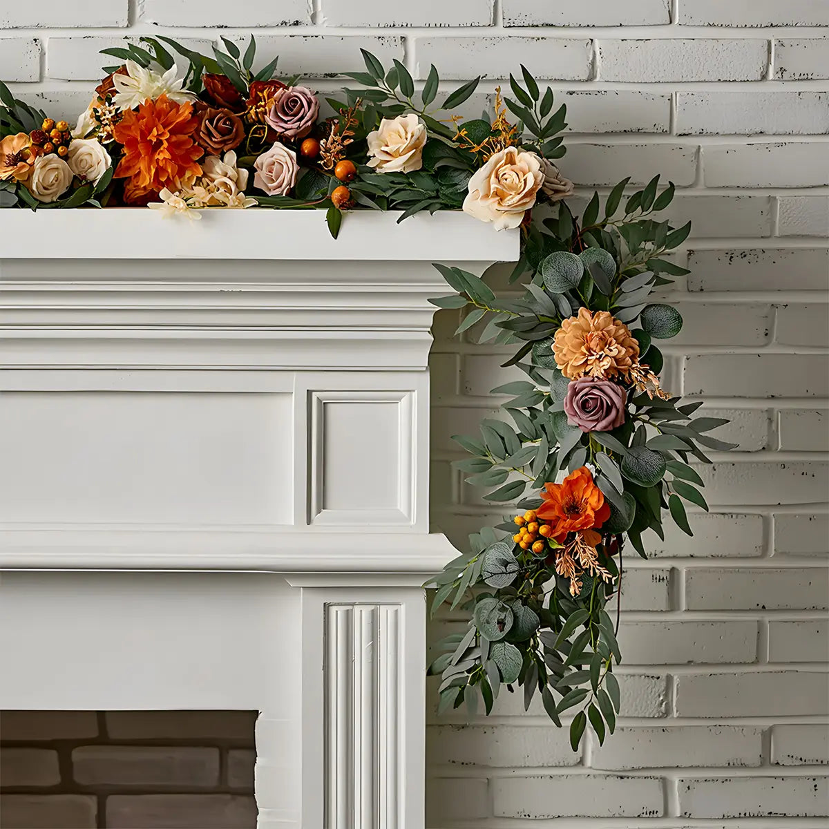 6FT Fall Artificial Garland with Orange Roses and Eucalyptus Decorating a White Fireplace Mantel
