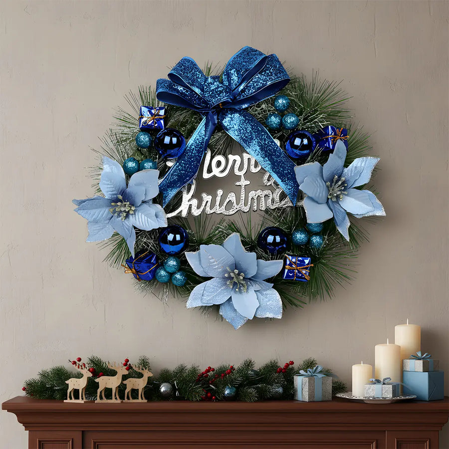 Christmas Pine Wreath with Blue Bows & Silver Leaves