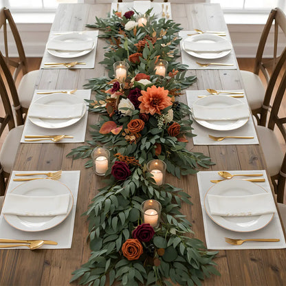 Burnt Orange Eucalyptus Rose Garland as Thanksgiving Table Centerpiece with Place Settings
