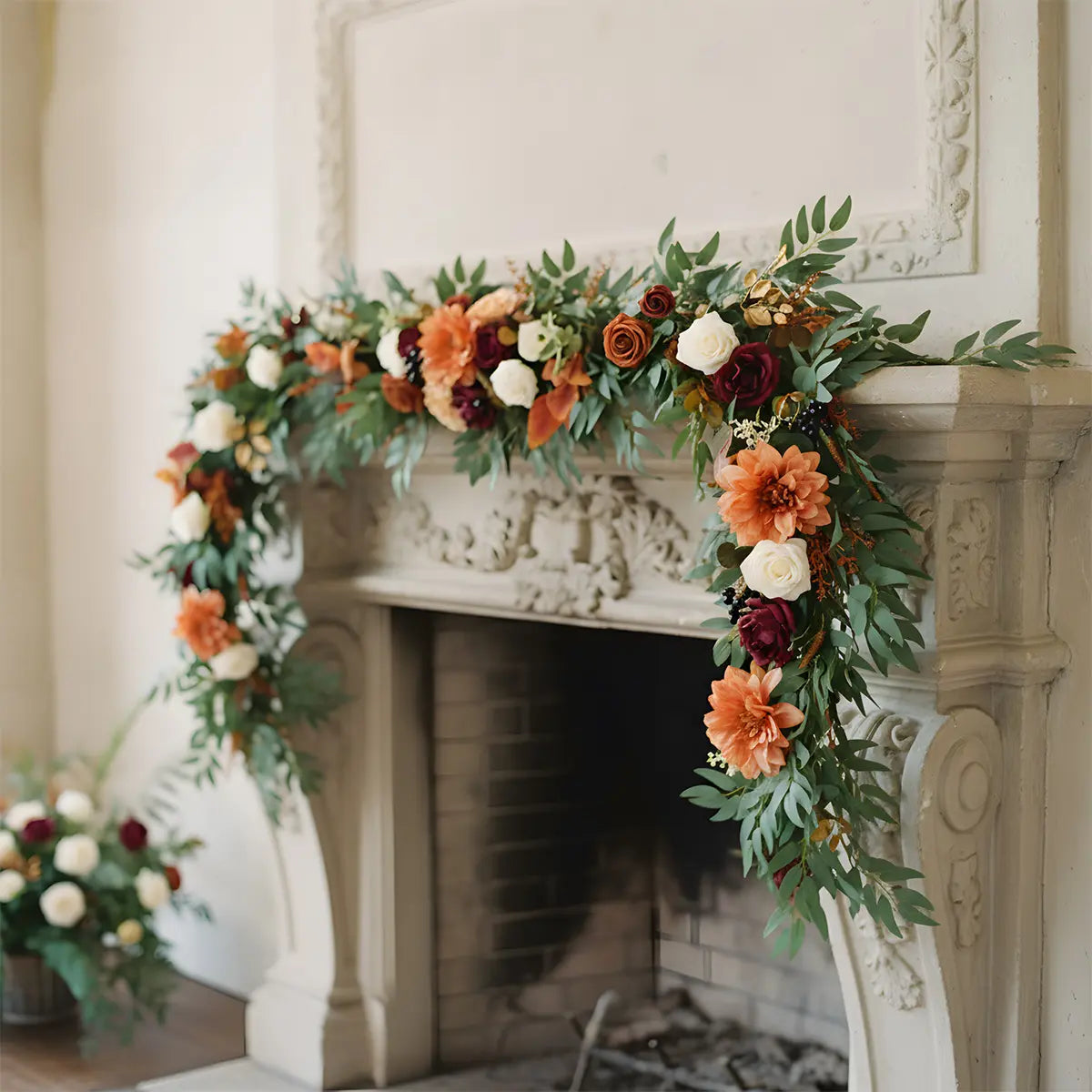Fall Artificial Flower Garland with Burnt Orange Roses Draped on Fireplace Mantel