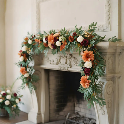 Fall Artificial Flower Garland with Burnt Orange Roses Draped on Fireplace Mantel
