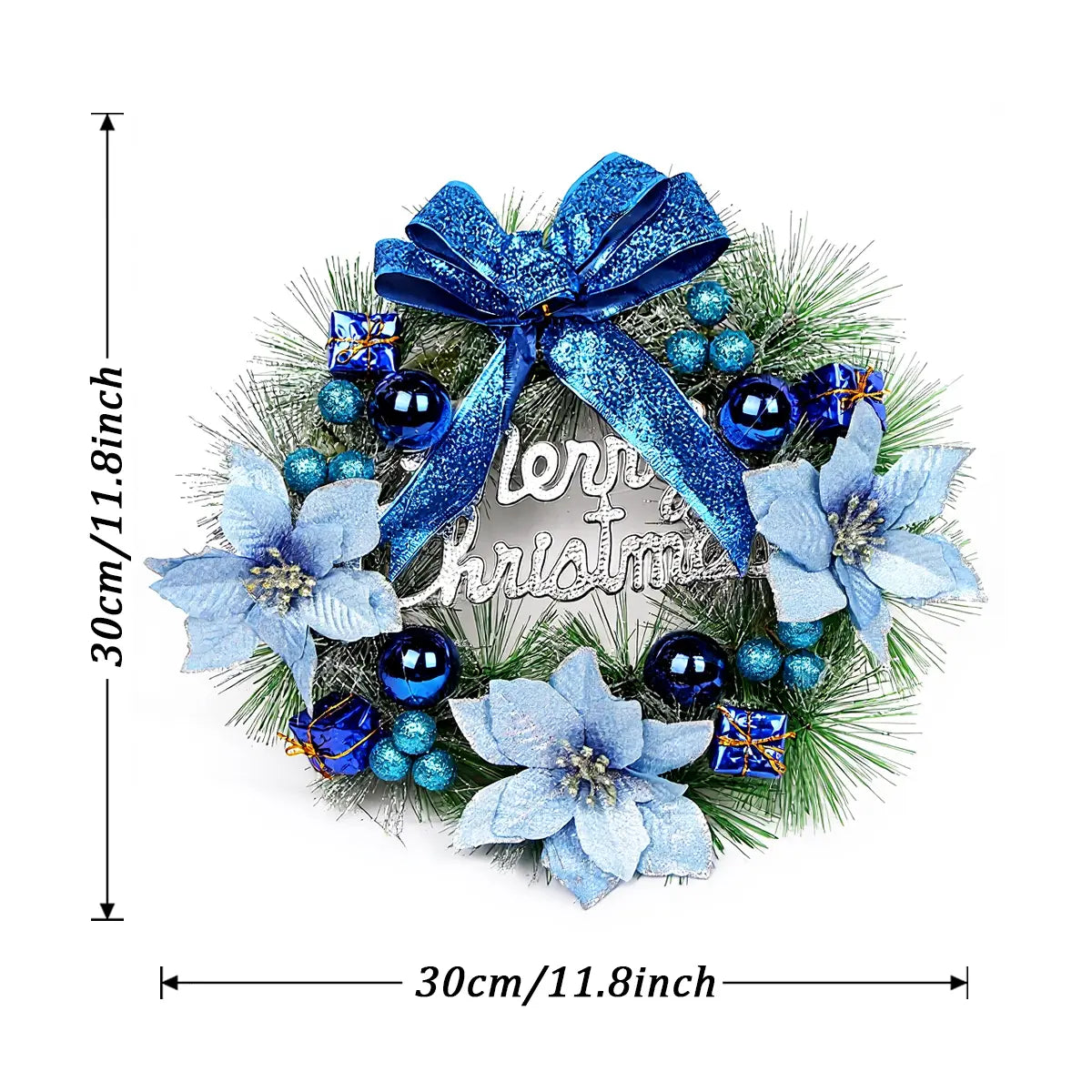 Artificial pine Christmas wreath with blue bow, poinsettias and ball ornaments, showing product dimensions of 30cm (11.8 inch) diameter
