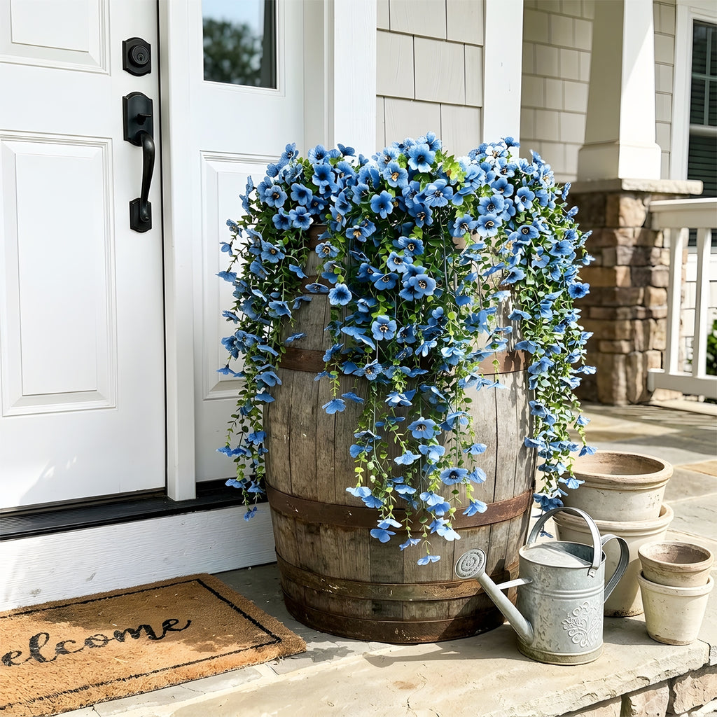 Artificial Hanging Flowers for Outdoors, Morning Glory Artificial Flowers with Eucalyptus Leaves, UV Resistant Fake Flower Realistic Faux Plants for Home Patio Porch Garden