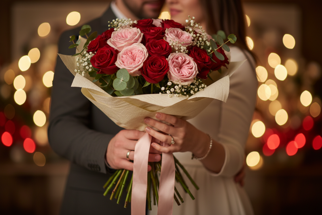 生成一对情人，男生将花束递给女生（情人节送花），不要露脸