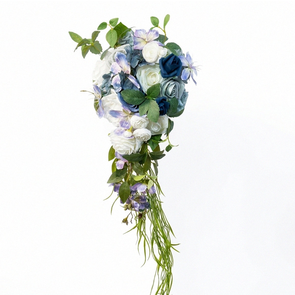 Cascading blue rose bridal bouquet waterfall shape with satin ribbon handle for French vintage rustic romantic wedding ceremony and bridesmaid