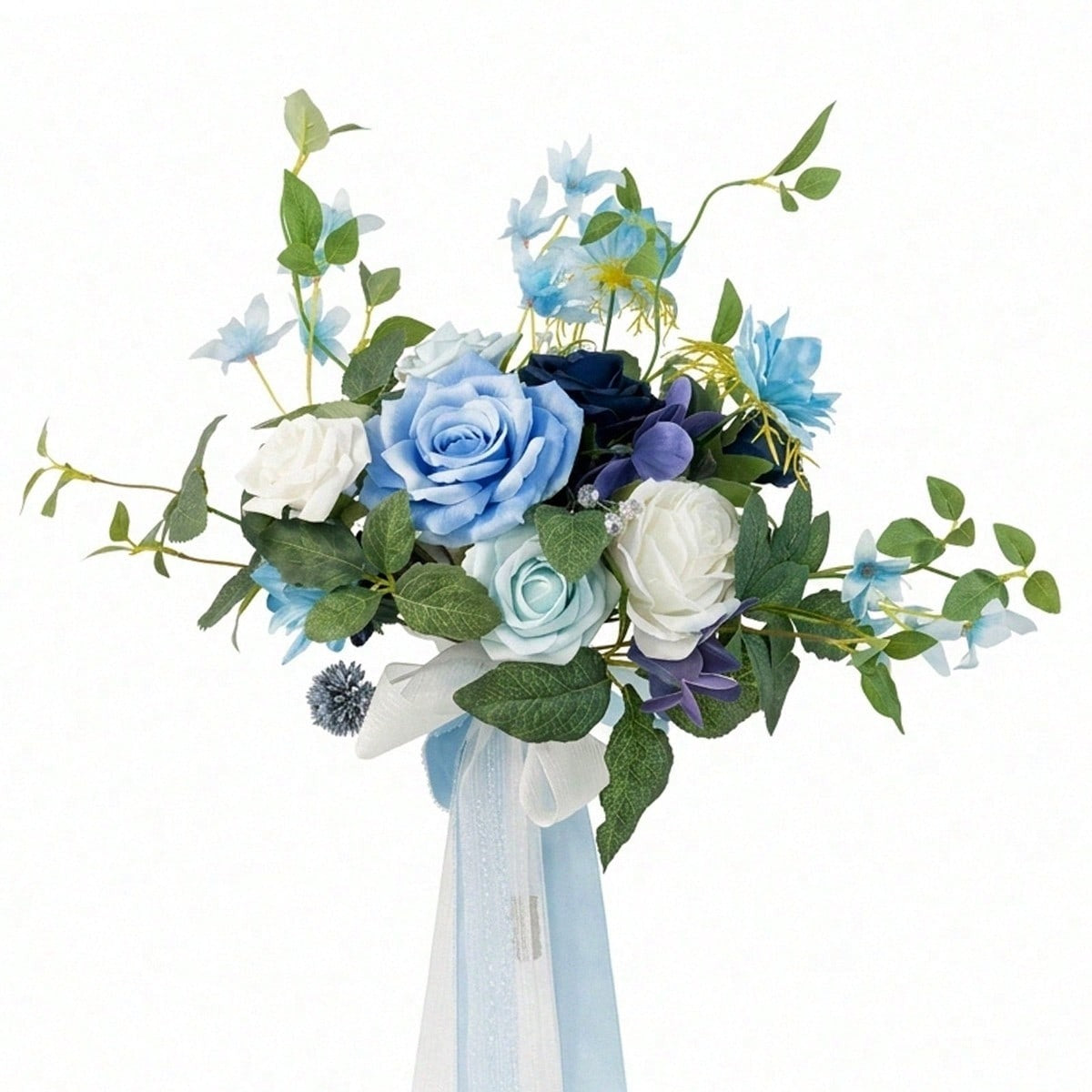 Dusty blue and white artificial bridesmaid bouquet with ribbon for wedding ceremony and bridal shower
