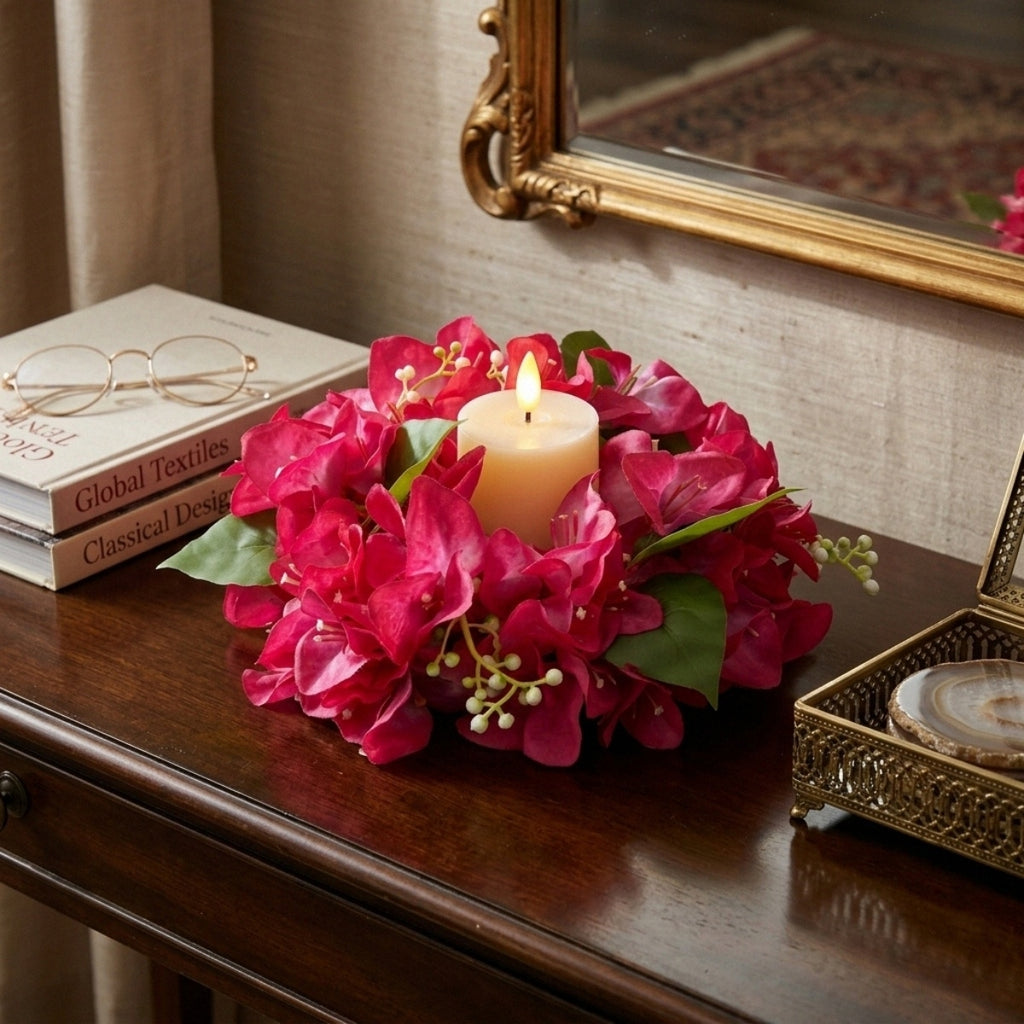 Floral Candle Wreath Rings | Artificial Bougainvillea Candle Rings for Wedding Table Centerpiece Home Decor