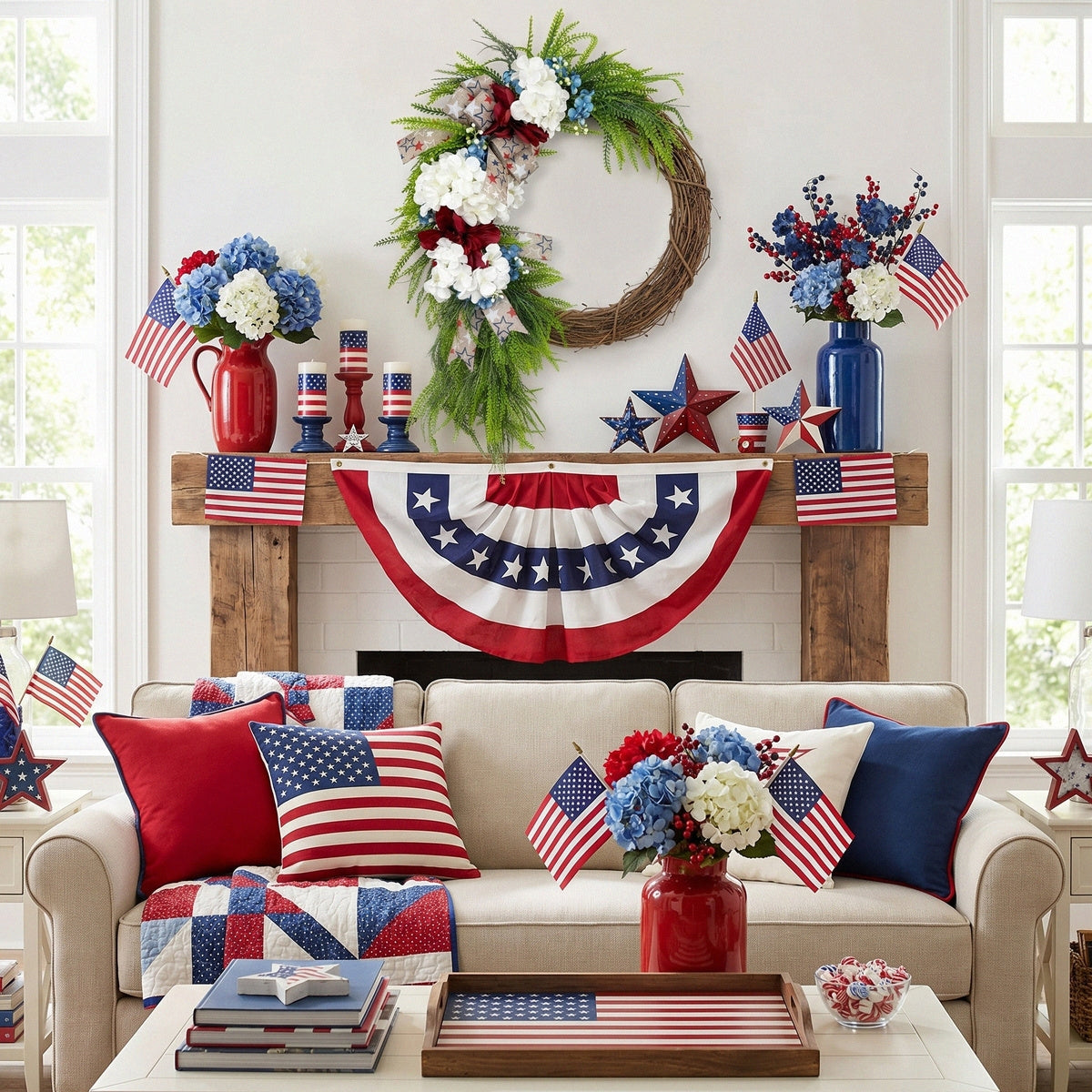 Patriotic Red White and Blue Wreath Fourth of July Front Door Decor Americana Stars Burlap Bow Summer Floral Wreath for Home Wall Party