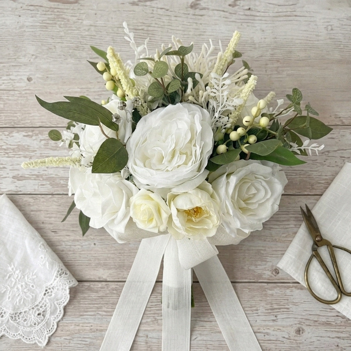 Artificial White Rose Bouquet with Green Leaves Wedding Bridal Flower Arrangement Home Table Decor