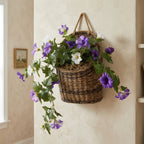 Artificial Hanging Flowers Plants with Basket for Outdoors, Artificial Petunias UV Resistant Petunias Fake Flowers for Outdoor Garden Porch Balcony Decoration