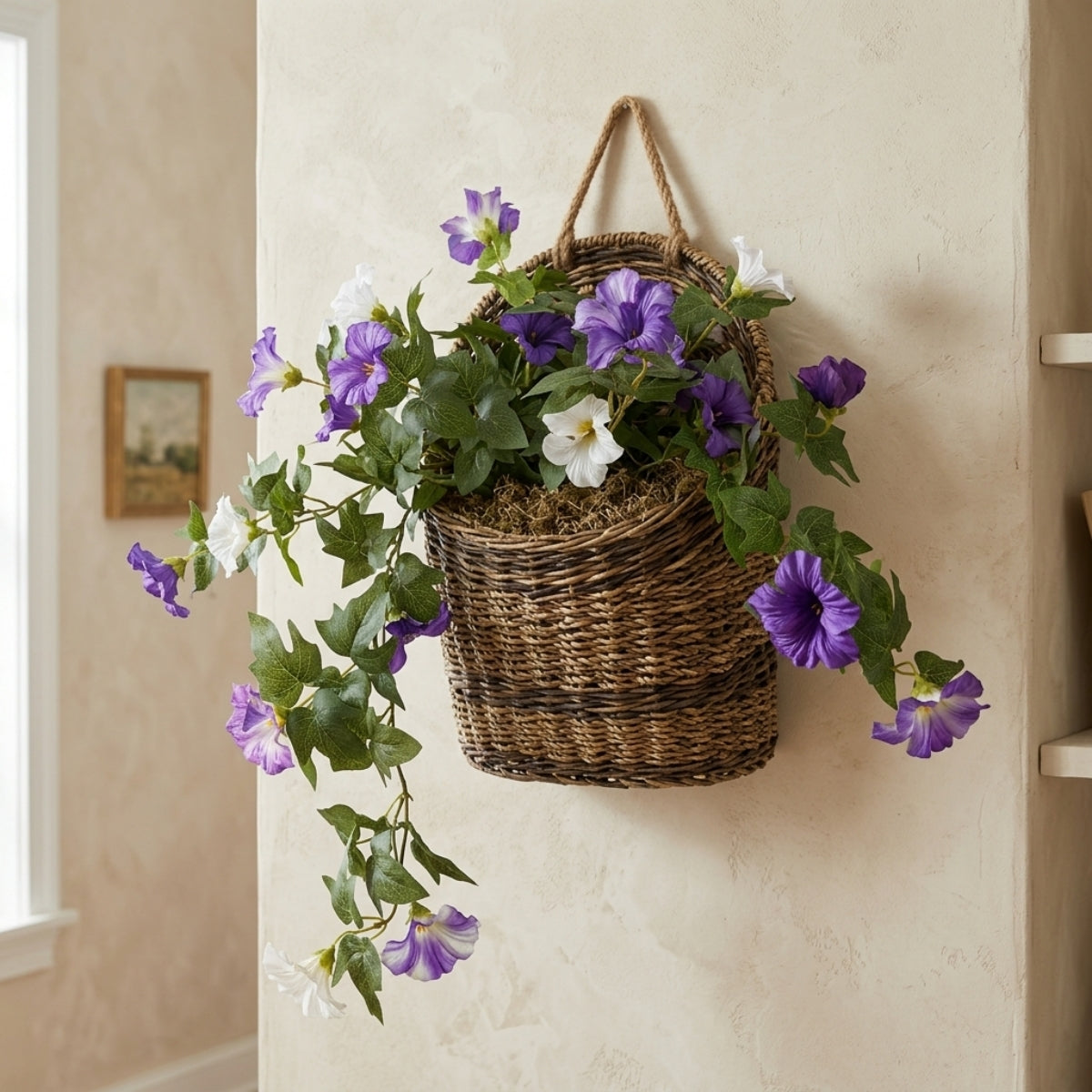 Artificial Hanging Flowers Plants with Basket for Outdoors, Artificial Petunias UV Resistant Petunias Fake Flowers for Outdoor Garden Porch Balcony Decoration